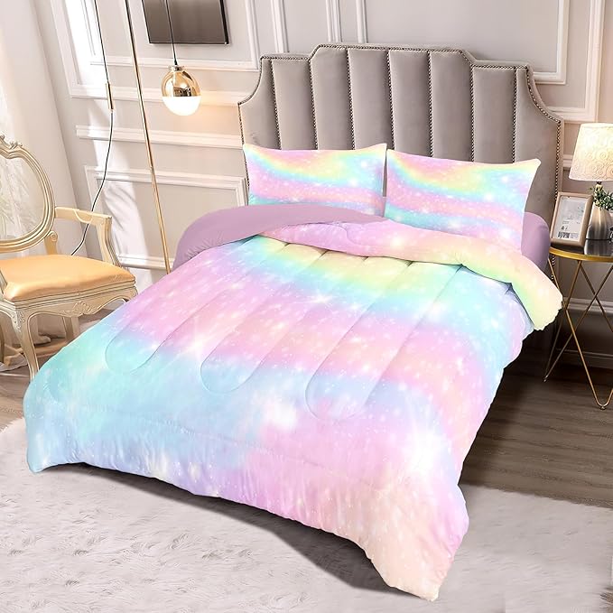 Kids Comforter Bedding Set 3 Piece Super Soft Breathable Print Kids Bedding Sets for Girls, Machine Washable Durable Comforter Set with Comforter with 2 Pillowcases(Twin, Gradient Color) - LeafyLoom