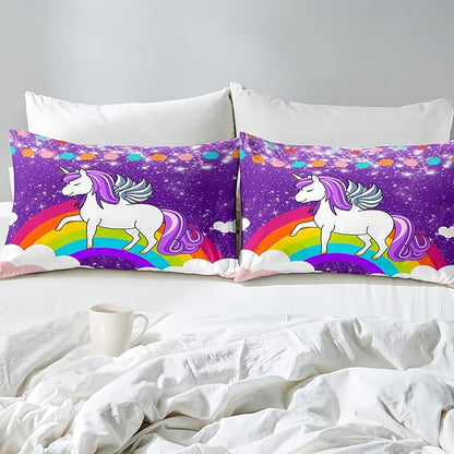 Unicorn Girls Full Size Bedding Sets Cartoon Unicorn Comforter Kids Bedding Set Cute Rainbow Unicorn Print Full Size Bedding Unicorn Kawaii Comforter Set, Purple, 1 Comforter+2 Pillowcases - LeafyLoom