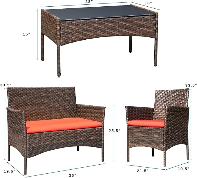 Greesum Patio Furniture 4 Pieces Conversation Sets Outdoor Wicker Rattan Chairs Garden Backyard Balcony Porch Poolside loveseat with Soft Cushion and Glass Table, Brown and Red - LeafyLoom