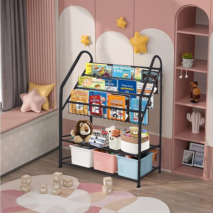 aboxoo Metal Kids Bookshelf Black Large Freestanding for Children Room 32 in Toy Organizer Large Stable Bookcase Bookstore Library Book Unit Storage Kids Bed Living Room - LeafyLoom