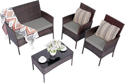 Patio Furniture Set 4 Pieces Conversation Sets Outdoor Wicker Rattan Chairs Garden Backyard Balcony Porch Poolside Loveseat with Soft Cushion and Tempered Glass Table(Brown/Grey) - LeafyLoom