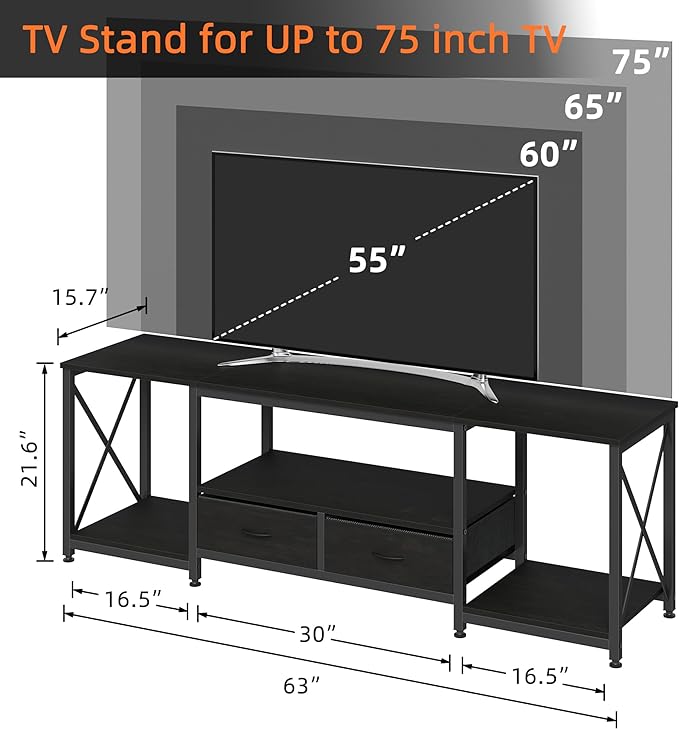 TV Stand with Fabric Drawers for 65 70 75 Inches TV - Entertainment Center and Industrial TV Console Table with Open Storage Shelves for Living Room, Bedroom - 63.5" Black - LeafyLoom