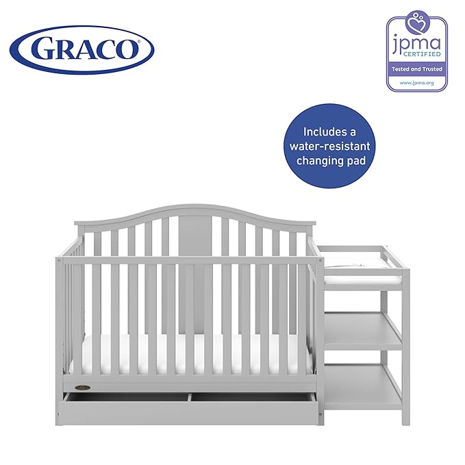 Graco Solano 4-in-1 Convertible Crib and Changer with Drawer (Pebble Gray) – Crib and Changing Table Combo with Drawer, Includes Changing Pad, Converts to Toddler Bed, Daybed and Full-Size Bed - LeafyLoom