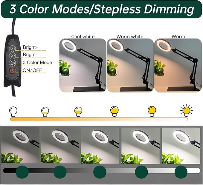 Magnifying Glass with Light and Stand,10X Magnifying LED Desk Lamp with Base & Clamp,3 Color Modes,10 Adjustable Brightness 2-in-1 Adjustable Swivel Arm Lamp Craft Light for Hobby Reading - LeafyLoom