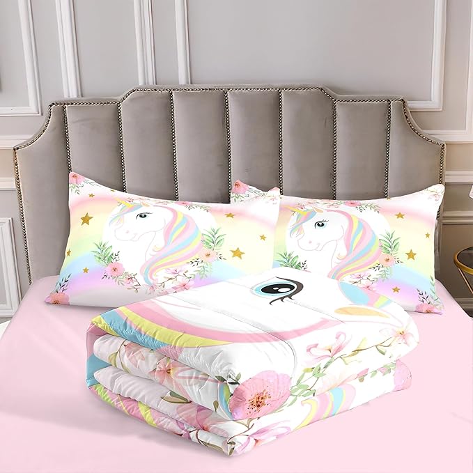 Kids Comforter Bedding Set 3 Piece Super Soft Breathable Print Kids Bedding Sets for Girls, Machine Washable Durable Comforter Set with Comforter, 2 Pillowcases Flowers Stars (Twin,Unicorn) - LeafyLoom