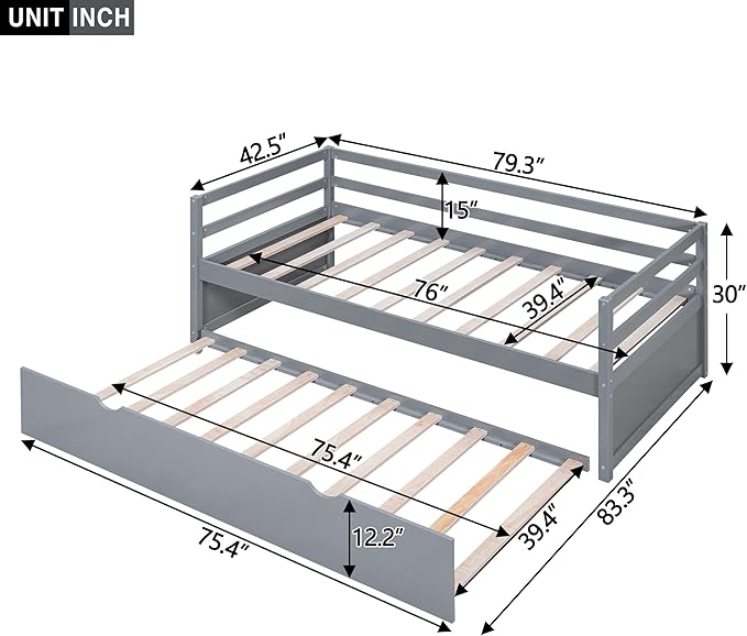 Twin Size Daybed with 2 Trundle,Multifunction Solid Wood Bed Frame,W/Wooden Slat Support,No Box Spring Needed,for Bedroom Apartment,Guest room,Gray - LeafyLoom