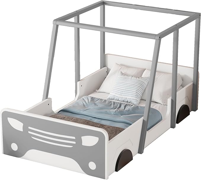 Toddler Twin Size Car Bed with Roof & Door,Wooden Car-Shaped Floor Bedframe W/Safety Guardrail,Racecar Design,Easy Assembly,Montessori Inspired Bedroom Furniture for Boys Kids Teens,Grey - LeafyLoom