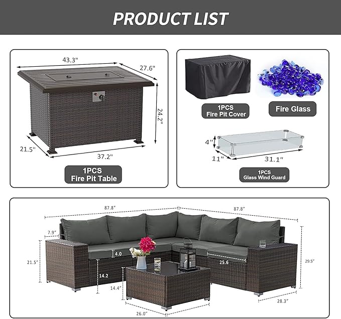 Kullavik 7 PCS Outdoor Patio Furniture Set with 43" 55000BTU Gas Propane Fire Pit Table PE Wicker Rattan Sectional Sofa Patio Conversation Sets for Outdoor,Grey - LeafyLoom