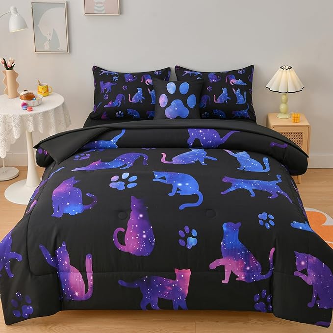 DORCAS Cute Cat Twin Comforter Set for Girls Starry Sky Bedding Sets Twin Girls 6 Pieces Animal Twin Bed-in-A-Bag with Comforter,Sheets,Pillowcases for Kids - LeafyLoom