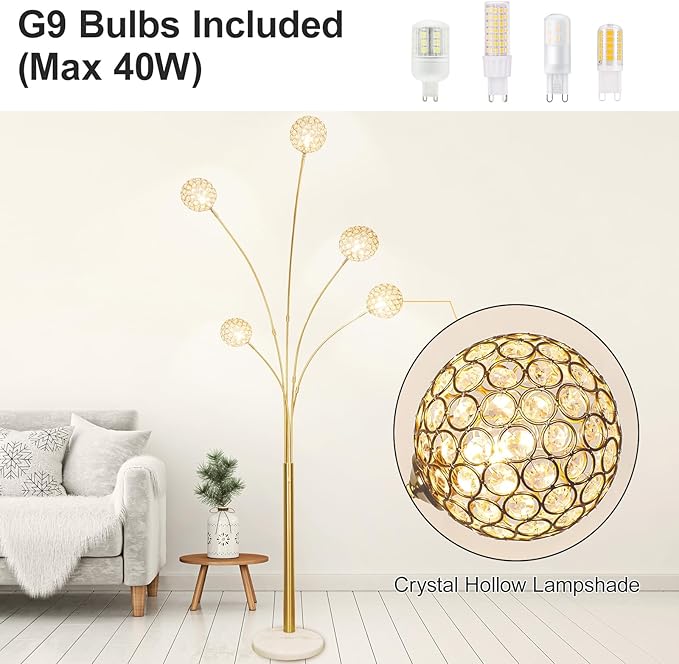 Depuley 5-Light Modern LED Floor Lamp, Adjustable Metal Tall Standing Lamps with Marble Base, Dimmable Arc Floor Lamp with Flexible Rotating Lights for Living Room, Bedroom(Gold, G9 Bulbs Included) - LeafyLoom