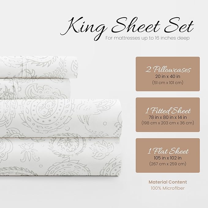 Linen Market 4 Piece King Sheet Set (Light Gray Floral) - Sleep Better Than Ever with These Ultra-Soft & Cooling Bed Sheets for Your King Size Bed - Deep Pocket Fits 16" Mattress - LeafyLoom