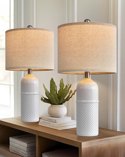 Table Lamps - Set of 2 (22.5") Modern White Ceramic Table Lamps for Living Room Table Lamps for Bedroom Study Room Office Dorm Farmhouse Nightstand End Table Lamps（White） - LeafyLoom