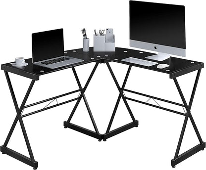 Techni Mobili RTA-3805L-BK L-Shaped Glass Computer Desk, Black, 51" D x 51" W x 29" H - LeafyLoom