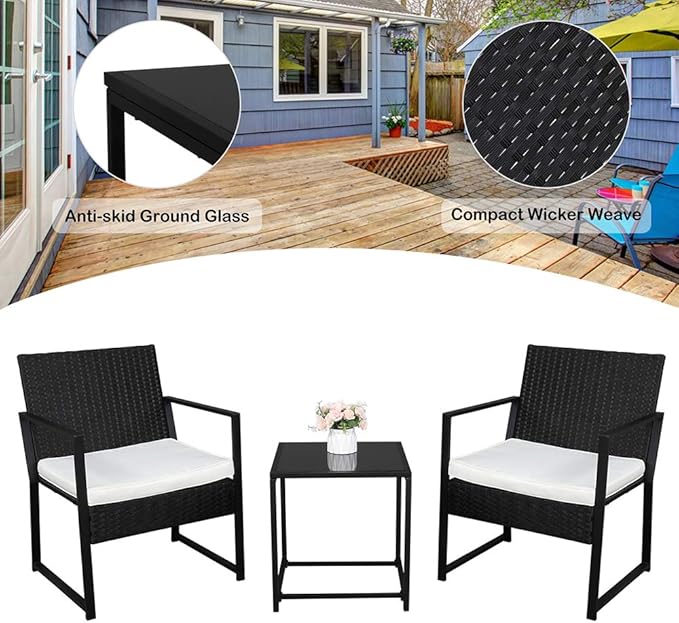 Outvita 3PCS Rattan Conversation Set, Outdoor Wicker Furniture Bistro Set 2 Chairs and Glass Top Table for Small Balcony Backyard Patio(Black) - LeafyLoom