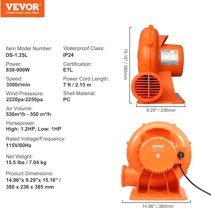 VEVOR Inflatable Blower, 900W, 1 HP & 1.2 HP Bounce House Blower, Commercial-grade Air Blower for Inflatables, 3300 RPM, Bouncy Castle Electric Blower Perfect for Bounce House, Waterslides, ETL Listed - LeafyLoom