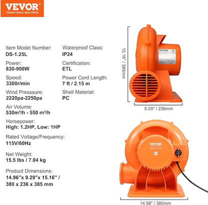 VEVOR Inflatable Blower, 900W, 1 HP & 1.2 HP Bounce House Blower, Commercial-grade Air Blower for Inflatables, 3300 RPM, Bouncy Castle Electric Blower Perfect for Bounce House, Waterslides, ETL Listed - LeafyLoom