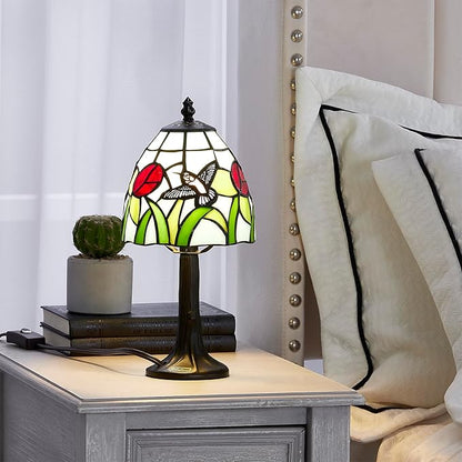 Tiffany Style mini table Lamp-Stained Glass Hummingbird with Tulip Design Table or Desk Light LED Bulb Included-Vintage Look Colorful Accent Decor - LeafyLoom