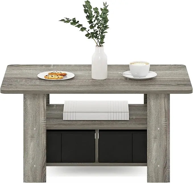 Furinno Andrey Coffee Table with Bin Drawer, French Oak Grey/Black - LeafyLoom