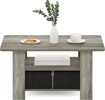 Furinno Andrey Coffee Table with Bin Drawer, French Oak Grey/Black - LeafyLoom