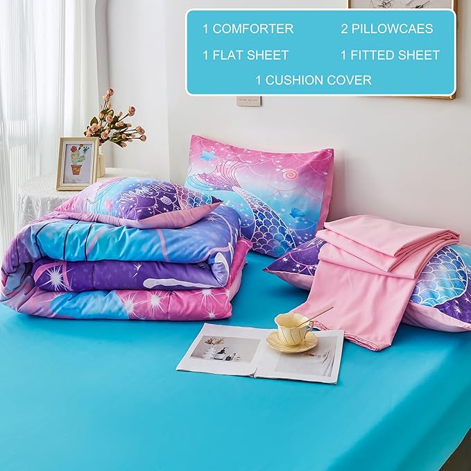 URBONUR Full Size Comforter Set for Girls Purple Blue Mermaid Tail Fish Scales Girls Bedding Set 6 Pcs Bed Sets with Comforter and Sheet Set, Soft All Season Bed in a Bag - LeafyLoom