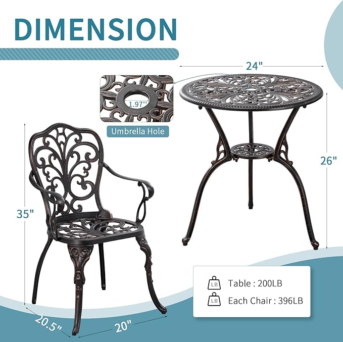 Outdoor Bistro Table and Chairs Set of 2 Cast Aluminum Patio Bistro Set with Umbrella Hole, All Weather Bistro Table Set for Garden, Bronze - LeafyLoom