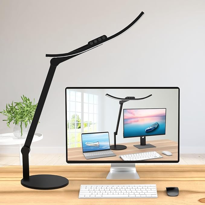 Led Desk Lamp for Home Office, Architect Curved Desk Lamp with Base Bright 1000LM Adjustable Desk Light Dimmable Touch Tall Table Light with 3 Rotatable Joints for Computer Workbench - LeafyLoom