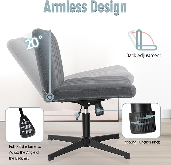 Armless Office Chair no Wheels, Ergonomic Wide Seat Swivel Desk Chair, Height Adjustable Cross Legged Comfortable Computer Chair for Living Room, Vanity Accent Chair Darkgray - LeafyLoom