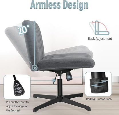 Armless Office Chair no Wheels, Ergonomic Wide Seat Swivel Desk Chair, Height Adjustable Cross Legged Comfortable Computer Chair for Living Room, Vanity Accent Chair Darkgray - LeafyLoom