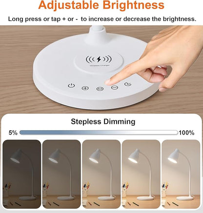 BOHON Desk Lamp for Home Office, LED Desk Light with USB C+A Charging Ports, Wireless Charger, 5 Colors Stepless Dimming Reading Light Timer, Touch Bedside Table Lamp for College Dorm Room White - LeafyLoom