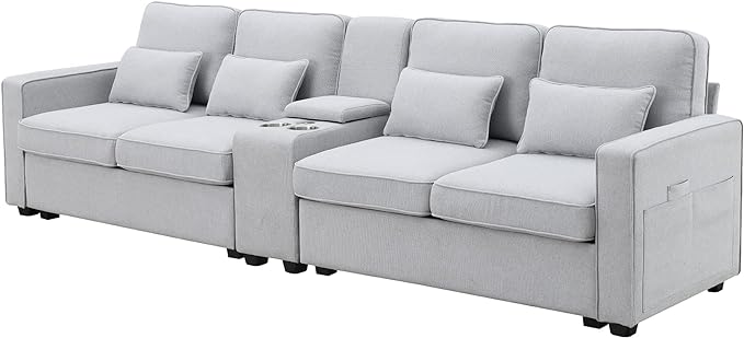 114.2" Linen Upholstered Sofa with Consoleand 2 USB Ports Wired or Wirelessly Charged,Modern 4-Seat Couches W/ 4 Pillows and Two Cupholders,for Living Room,Apartment, Gray, Light Grey - LeafyLoom