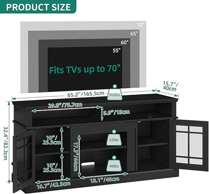 YITAHOME Black TV Stand for 75 Inch TV with LED Lights, 32'' Tall Modern TV Stands w/Adjustable Shelves & Glass Doors, Mid Century Modern Entertainment Center TV Media Console Table for Living Room - LeafyLoom