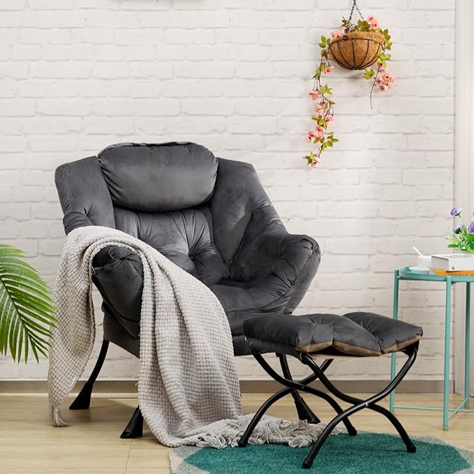 AbocoFur Fabric Lazy Chair with Foldable Ottoman, Accent Comfy Lounge Arm Chair and Folding Footrest Stool Set, Leisure Sofa Reading Chair and Footstool for Living Room, Bedroom, Dorm, Smoky Grey - LeafyLoom