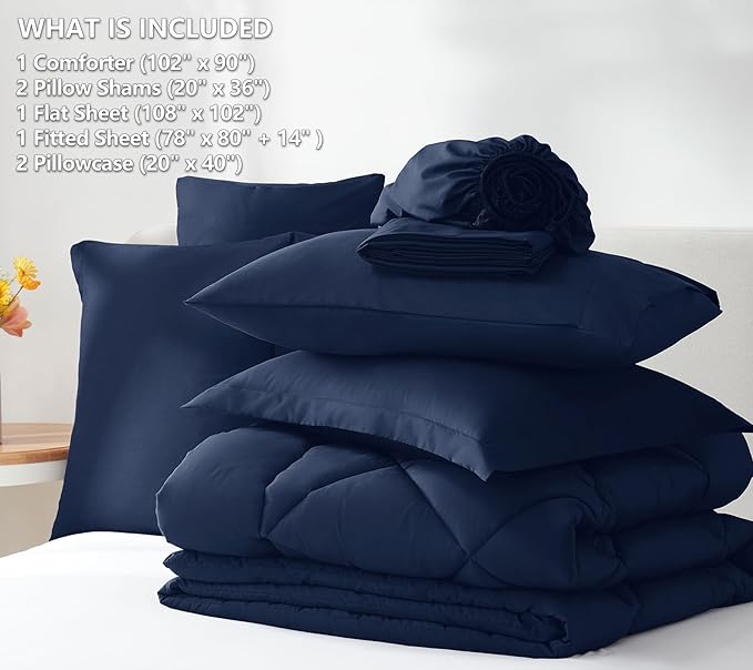 CozyLux King Comforter Set with Sheets 7 Pieces Bed in a Bag Navy Blue All Season Bedding Sets with Comforter, Pillow Shams, Flat Sheet, Fitted Sheet and Pillowcases - LeafyLoom