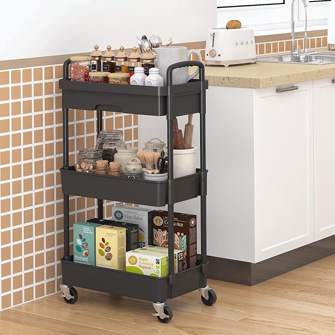 3-Tier Rolling Cart，Trolley with Drawer, Multifunctional Storage Organizer with Plastic Shelf & Metal Wheels, Kitchen Storage Cart for Living Room, Kitchen, Office, Bathroom, Black - LeafyLoom