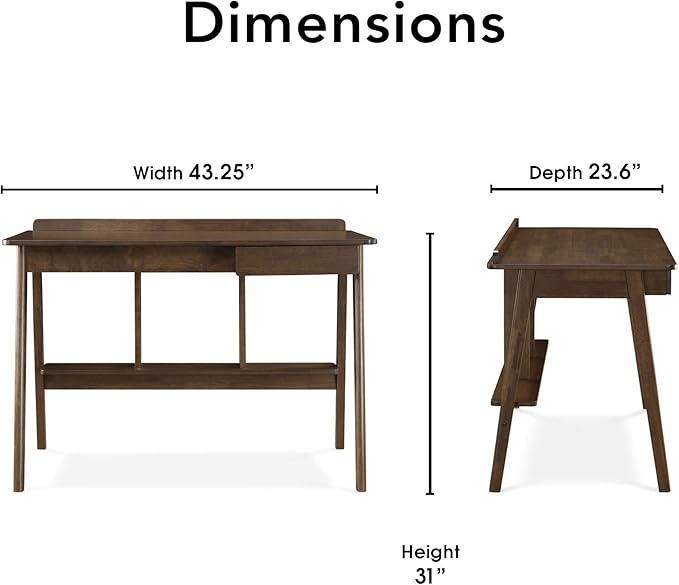 Finch Darren Home Office Drawer Mid Century Accent Desk, 43 Inch Wide Simple Modern Study Table, Walnut Brown - LeafyLoom