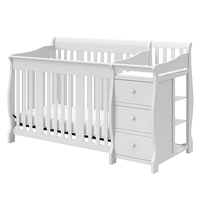 Storkcraft Portofino 5-in-1 Convertible Crib and Changer (White) – Changing-Table Combo with Drawer, Converts to Toddler Bed, Daybed Full-Size Storage Drawer - LeafyLoom