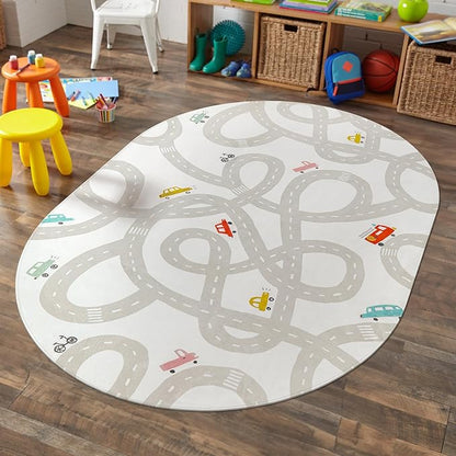 Grey Kids Rug for Playroom, 5'x7' Washable Road Rug for Kids Bedroom, Non-Slip Car Rug for Nursery, Large Traffic Play Mat Utral Soft Baby Carpet for Boys Girls Dorm Toy Room Tent - LeafyLoom