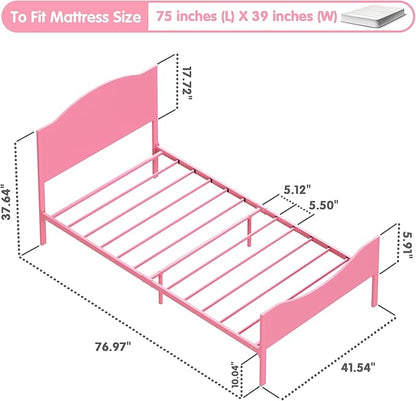 Timy Pink Kids Twin Bed Frame with Wooden Headboard and Footboard, Metal Platform Bed Frame for Boys Girls Teens Adults, Modern Kids Bed Furniture, No Box Spring Needed - LeafyLoom