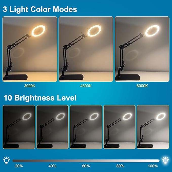 2-in-1 LED Magnifier Desk Lamp with Clamp,Magnifying Glass with Light and Stand,3 Color Modes Stepless Dimming, for Home Office Close Work, Repair, Crafts, Reading,Sewing - LeafyLoom