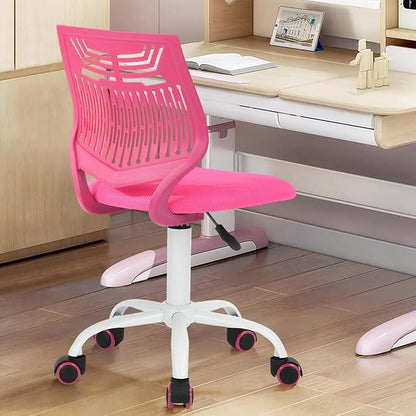 FurnitureR Desk Chair Armless Cute Home Office Desk Chair for Kids, Swivel Computer Task Chair Study Chair with Mesh Padded Cushion and Rolling Wheels for Child, Pink - LeafyLoom