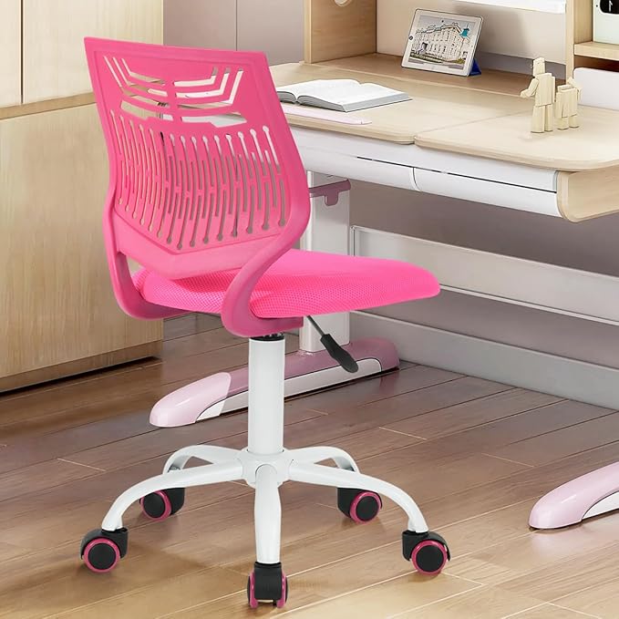 FurnitureR Desk Chair Armless Cute Home Office Desk Chair for Kids, Swivel Computer Task Chair Study Chair with Mesh Padded Cushion and Rolling Wheels for Child, Pink - LeafyLoom