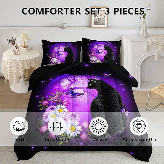 Black Cat Bedding Cartoon Cat Comforter Set Twin,Daisy Butterflies Printed Kids Bedding Set for Kids Boys Girls Adults Room Decor,Kids Comforter Set All Season,1 Quilt 2 Pillow Cases,Purple - LeafyLoom