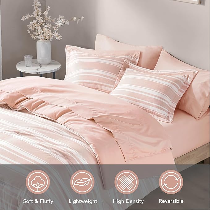 Codi Pink Comforter Set Full Size Bed 7 Piece, Striped Bed in a Bag Reversible for Teen Girls, Cationic Dyeing Bedding Sets with Comforter, Sheets, Pillowcases & Shams - LeafyLoom