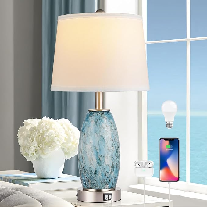 Table Lamp, 3-Way Lighting Modes Modern Table Lamp for Bedroom, Coastal Bedside Lamp with USB Charging Port & Type C, Glass Nightstand Lamp, 24" Table Lamp for Living Room Bedroom Decoration - LeafyLoom