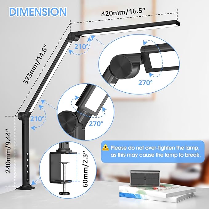 ShineTech LED Desk Lamp with Clamp, Architect Desk Lamp with Dual Light and Adjustable Swing Arm, 4 CCT Modes & 5 Brightness Levels Desk Light - LeafyLoom