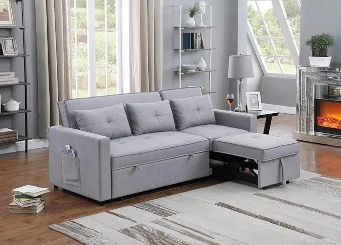 3 in 1 Convertible Sleeper Sofa Bed, Pull Out Couch with 3 Level Adjust Backrest, Futon Loveseat Chaise Lounge with Side Pockets and Throw Pillows for Living Room Office, Light Gray 79.75" - LeafyLoom