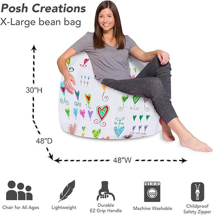 Posh Creations Bean Bag Chair for Kids, Teens, and Adults Includes Removable and Machine Washable Cover, Canvas Multi-Colored Hearts on White, 48in - X-Large - LeafyLoom