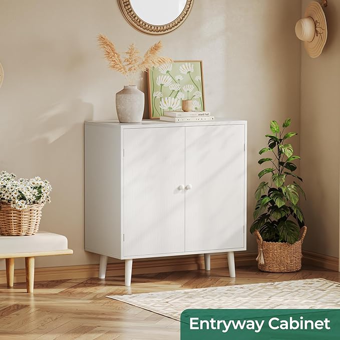 Buffet Cabinet with Storage, Storage Cabinet with 2 Doors, White Cabinet with Solid Wood Feet, Sideboard Cabinet Accent Cabinet, for Kitchen, Entryway, Living Room - LeafyLoom