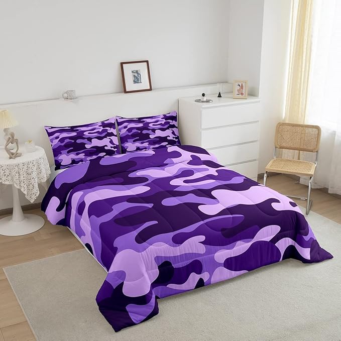 Full Size Camouflage Comforter Set 3Pcs Kids Bedding Set for Boys Girls Teens 1 Comforter & 2 Pillowcases(Full,Purple) Boys - LeafyLoom