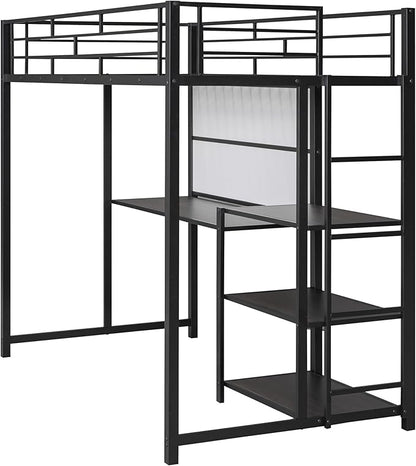 RITSU Twin Size Loft Bed, Heavy Duty Metal Bedframe with Desk and Whiteboard, 3 Big Shelves The Storage Space, Sturdy Construction, for Children's Room, Teens, Black - LeafyLoom